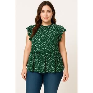Shein Women Size 2XL Green Ruffle Sleeve Peplum Top Floral Print